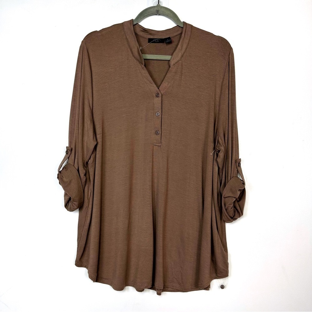 RDI Jersey Knit Pop over Roll Sleeve Top Brown Relaxed Blouse Plus Size 3X NWOT